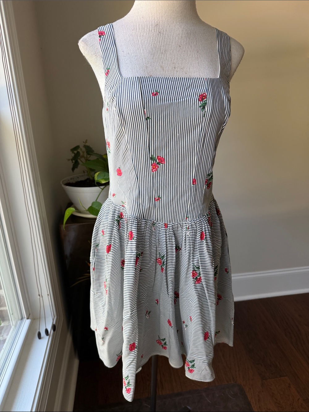 Garrie B navy blue & White Pinstripe Mini Dress with Red Rose Print